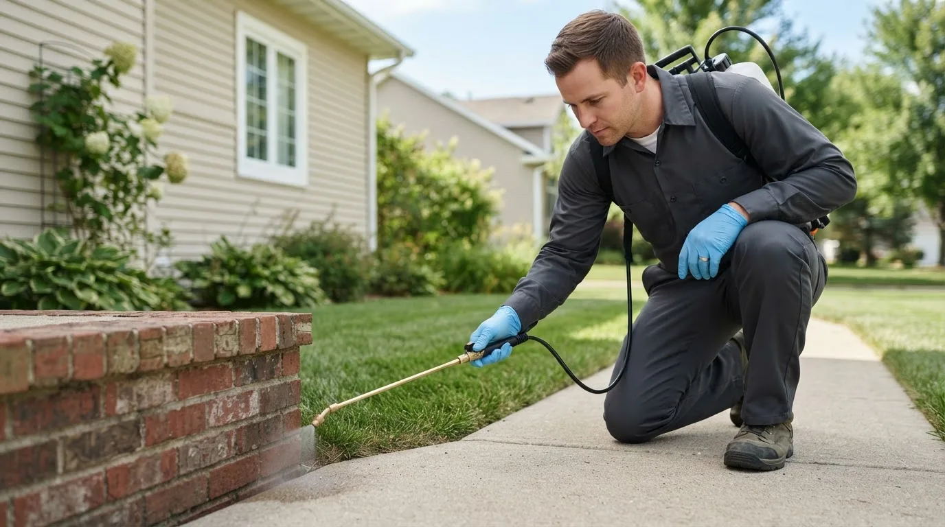 Pest control technician treating a home near Collinsville, CT